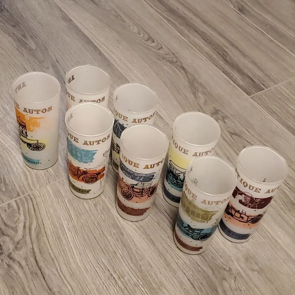 EUC MCM Anchor Vintage Set of 8 Antique Autos Frosted Glasses